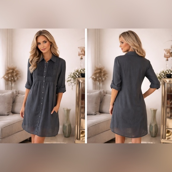 Joie Dresses & Skirts - Gray Button-Up cotton/silk Dress with Lace size M
